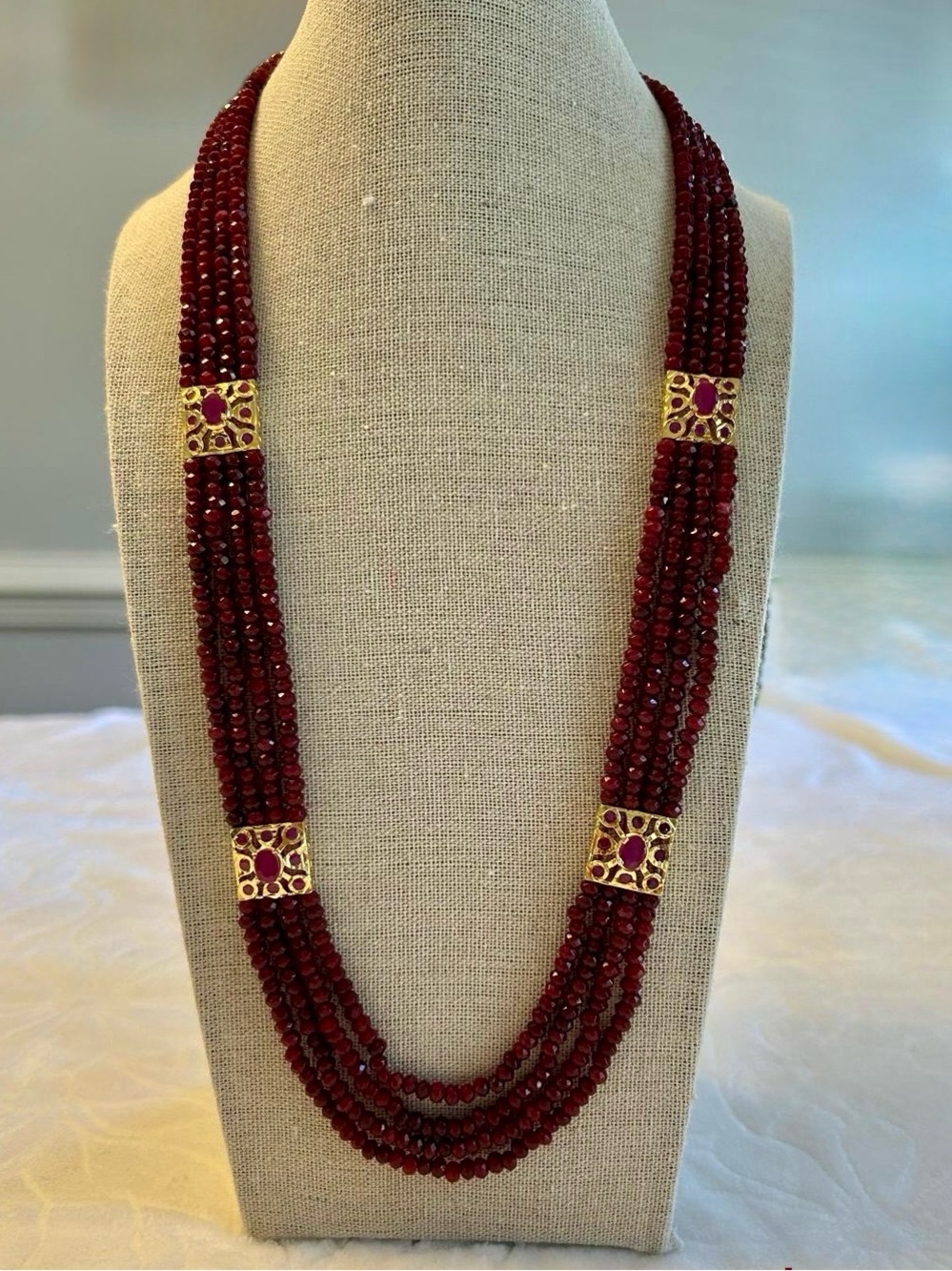 Red Beaded Necklace with Gold Accent Panels